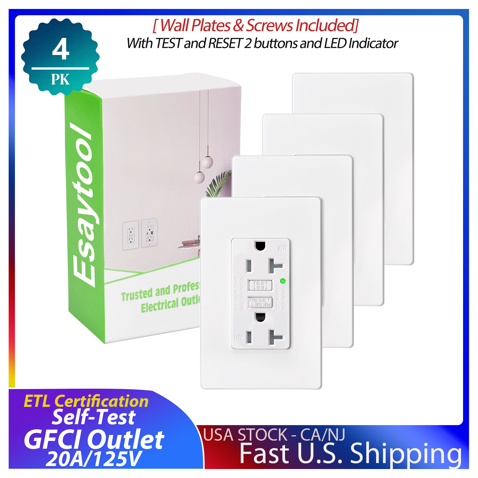 GFCI 20A Outlet 4PK,Self-Test White GFI Electrical Outlet,for School,Family,ETL
