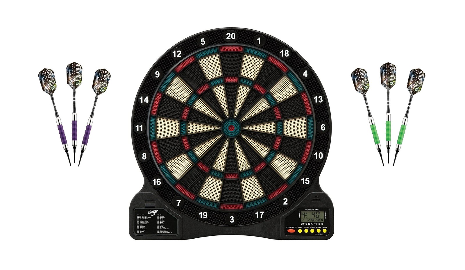 Electronic Soft Tip Dartboard + Purple Darts 18 Grams + Green Darts