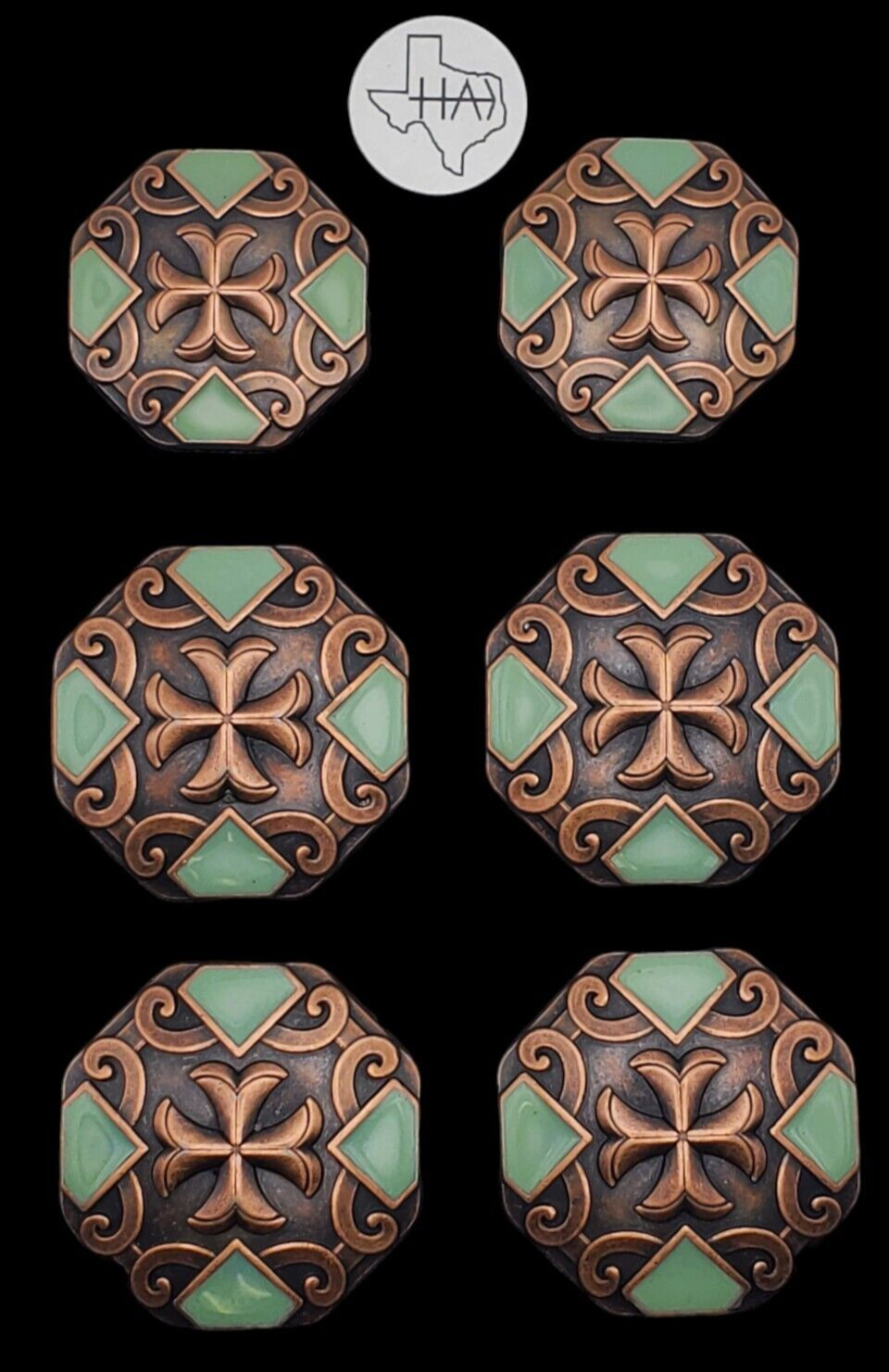 Conquistador Saddle Set 6 copper plated screw back conchos with turquoise enamel