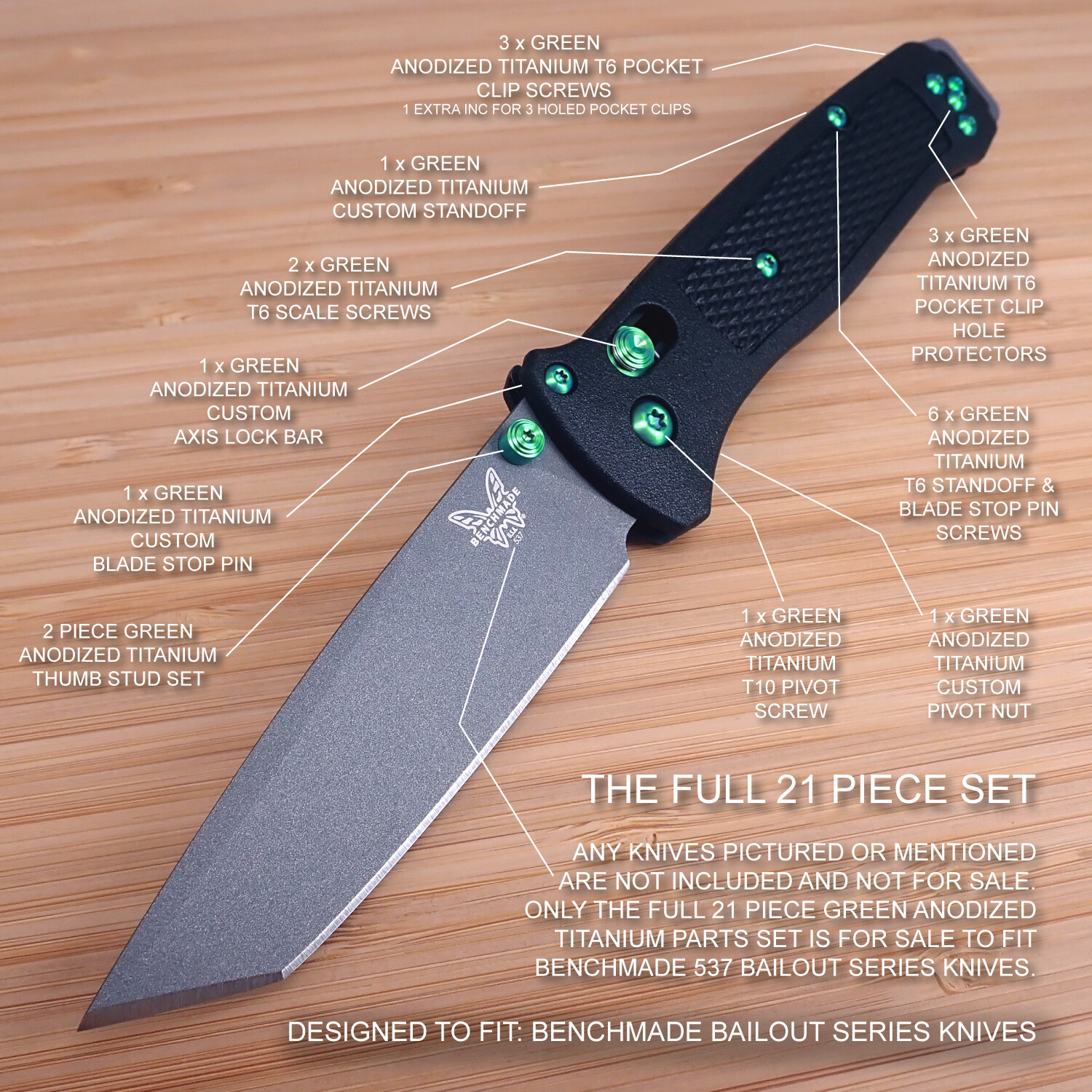 Benchmade 537 BAILOUT 21pc GREEN Titanium Screw Pivot Standoff Pin ThumbStud Set