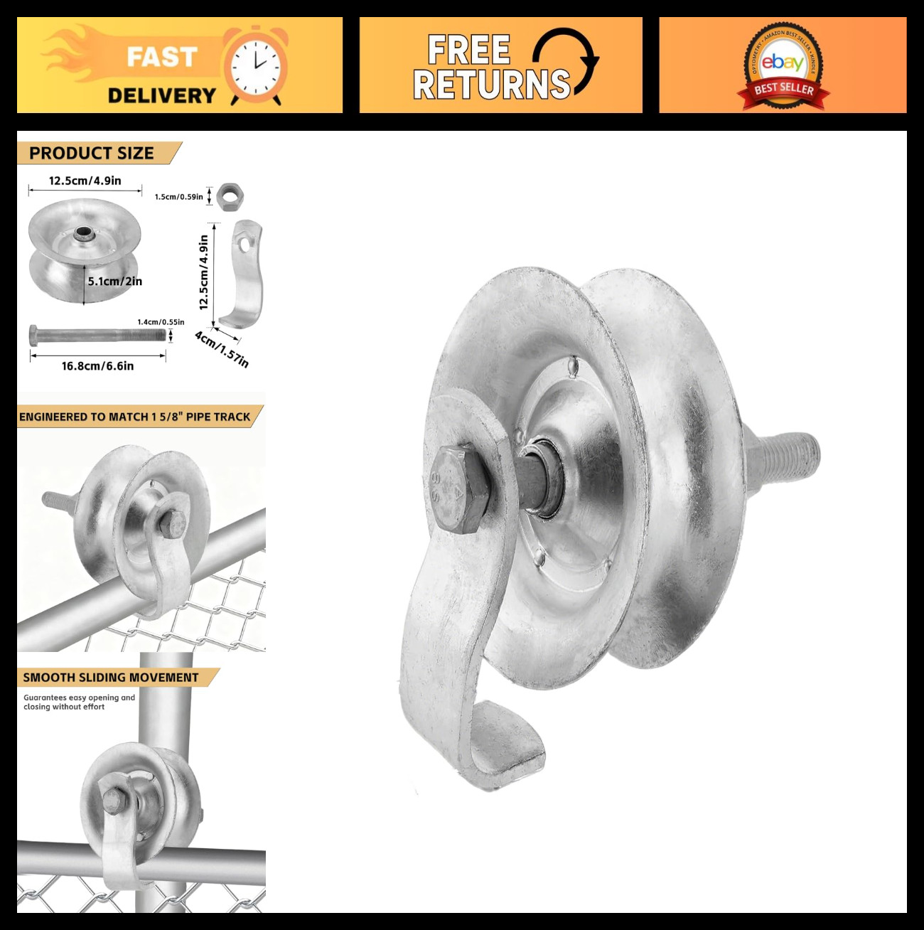 Heavy Duty 5" Sliding Gate Rollers - Galvanized Steel Track Roller for 1 5/8" Pi