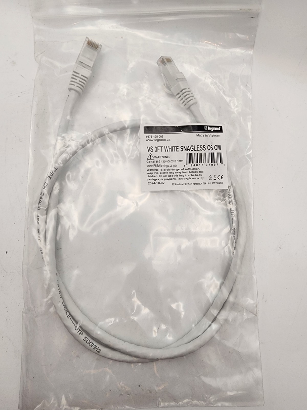 LEGRAND Cat 6 Patch Cord, 3 FT, White 576-125-003
