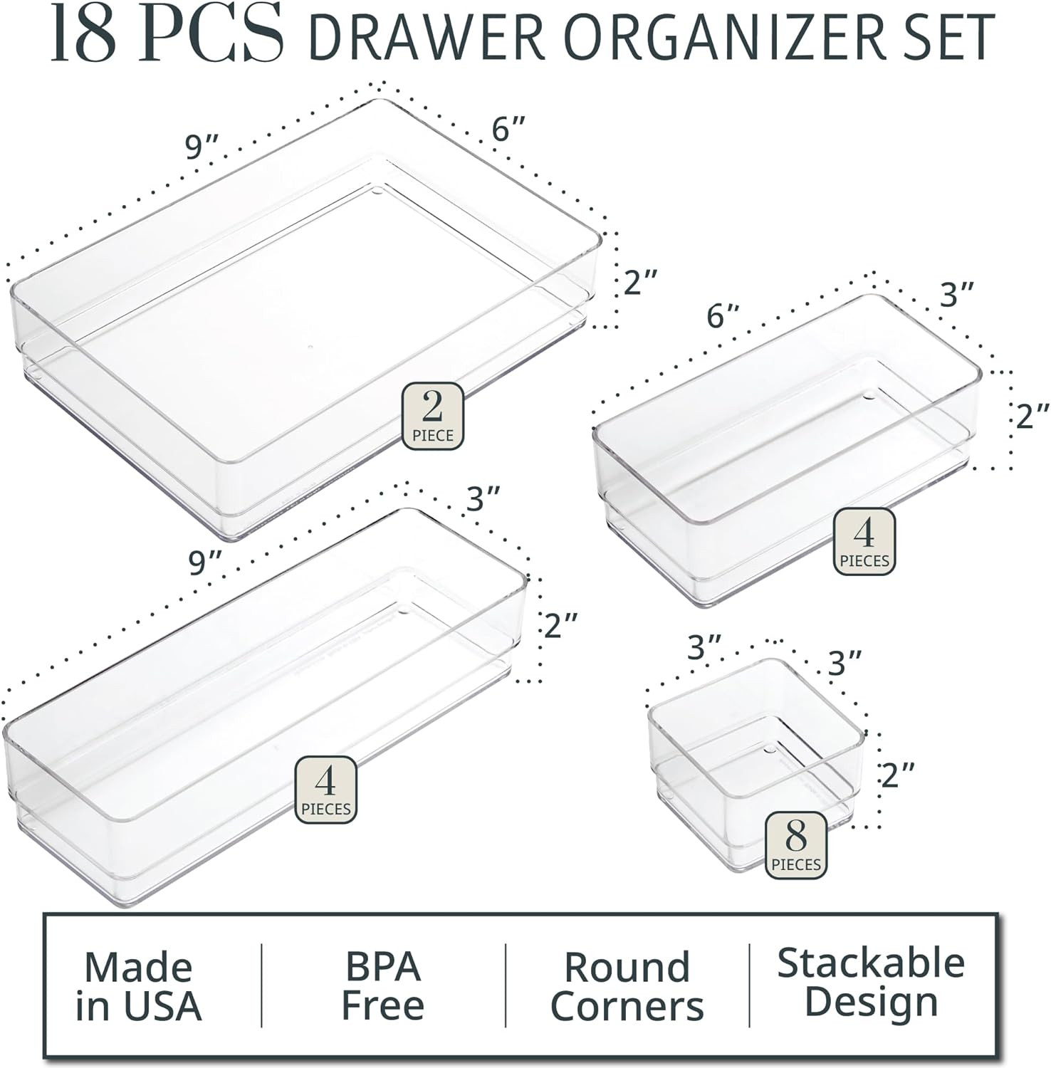 18 Piece Clear Drawer Organizer Set Stackable Plastic Storage Trays Kitchen Bath