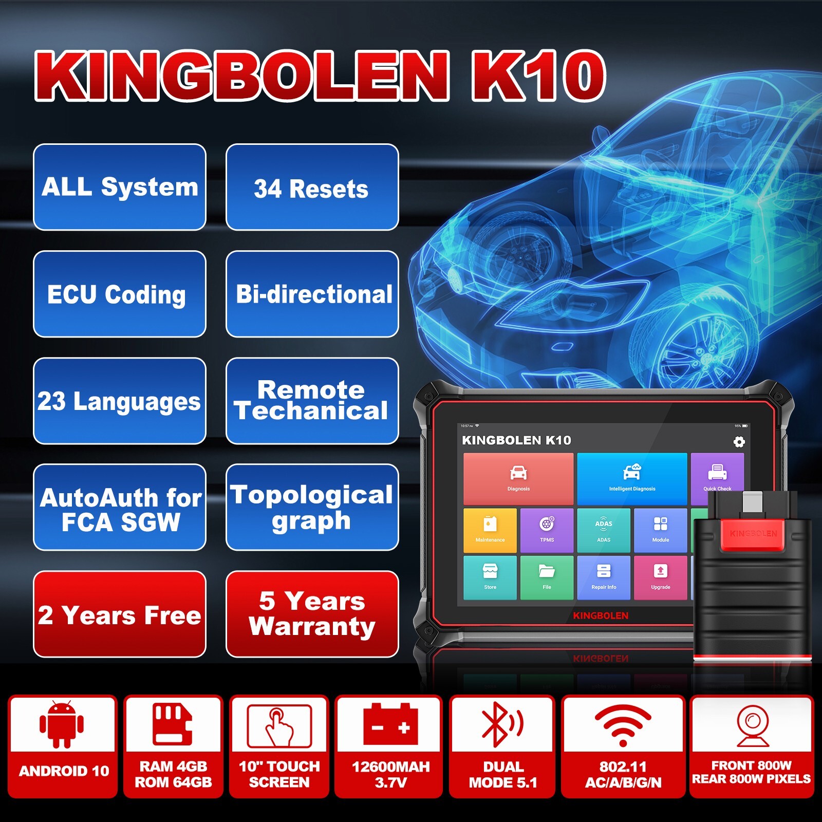 Kingbolen K10 PRO 5 V+ Bidirectional Key Coding OBD2 Scanner Car Diagnostic Tool