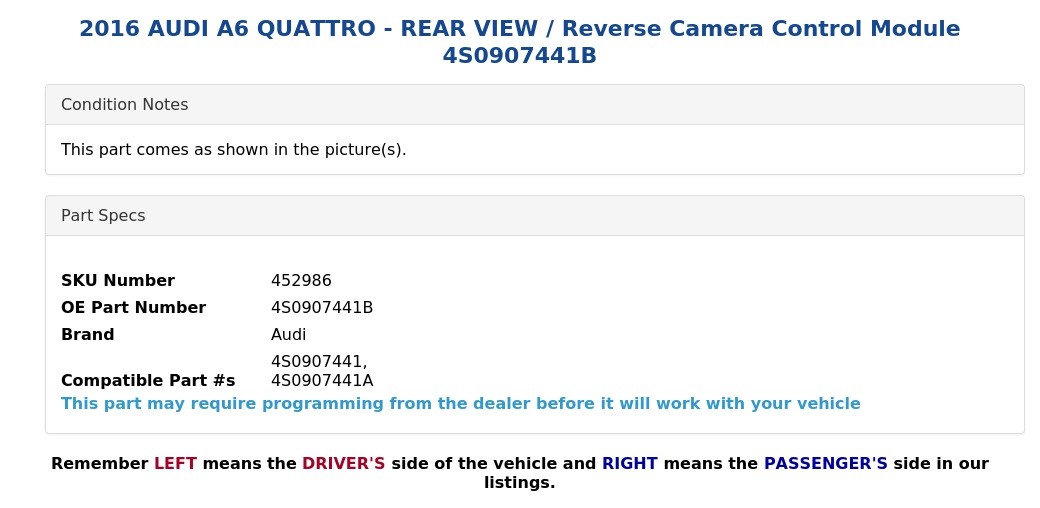 2016 AUDI A6 QUATTRO - REAR VIEW / Reverse Camera Control Module 4S0907441B