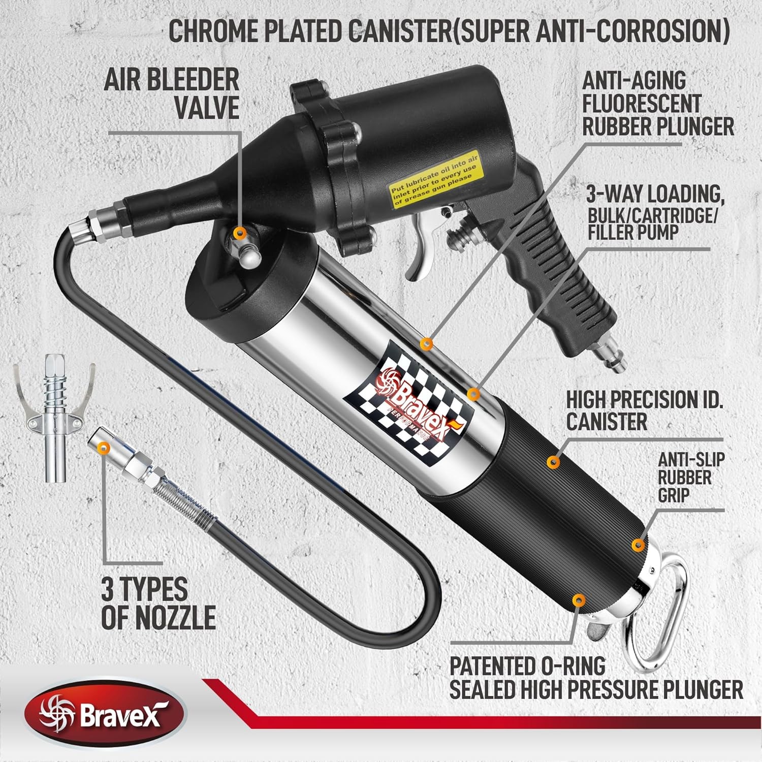 Automatic Pneumatic Grease Gun 6000 PSI Continuous Flow Quick Release Coupler