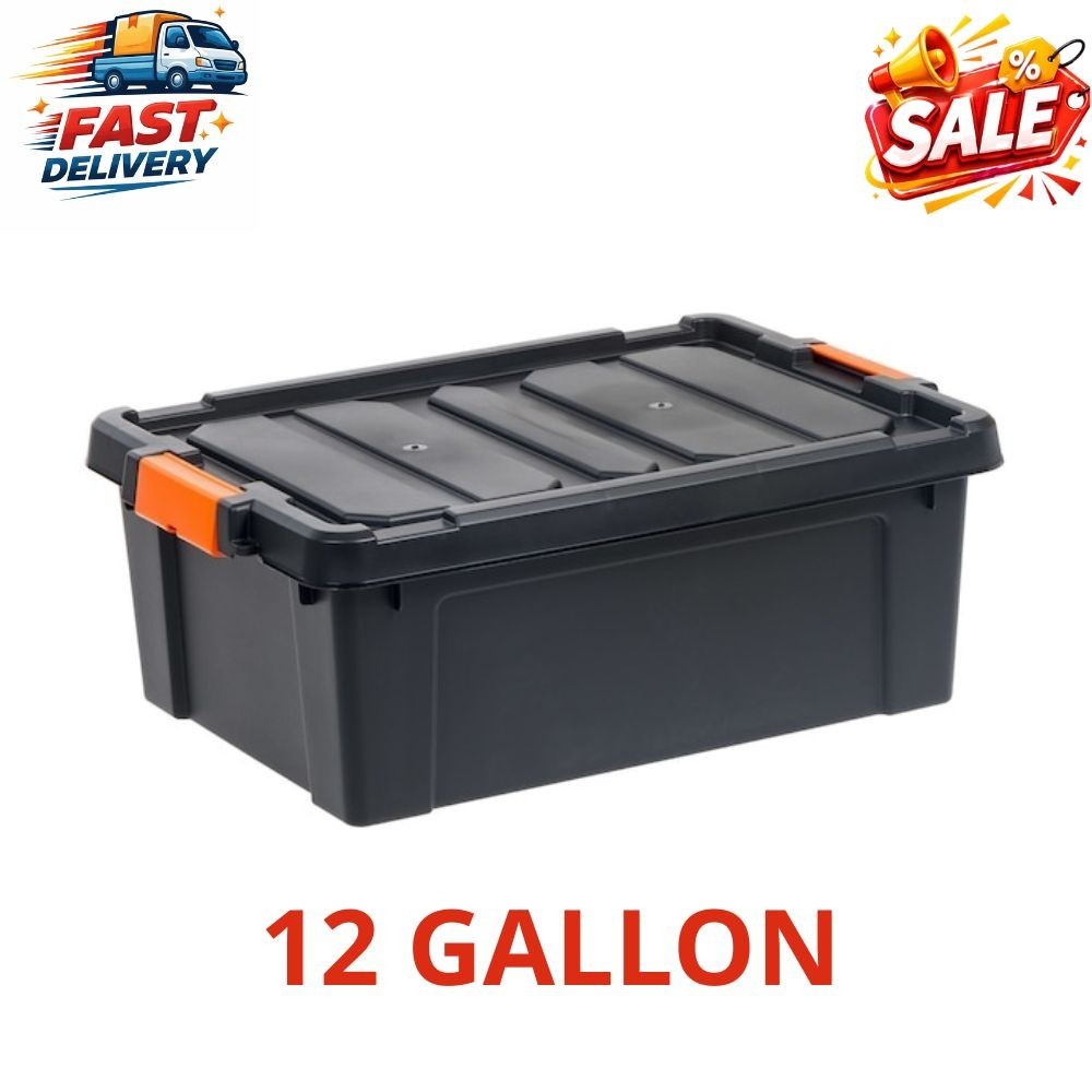 12 Gal Heavy Duty Storage Tote Stackable Plastic Bin w/ Lid Black