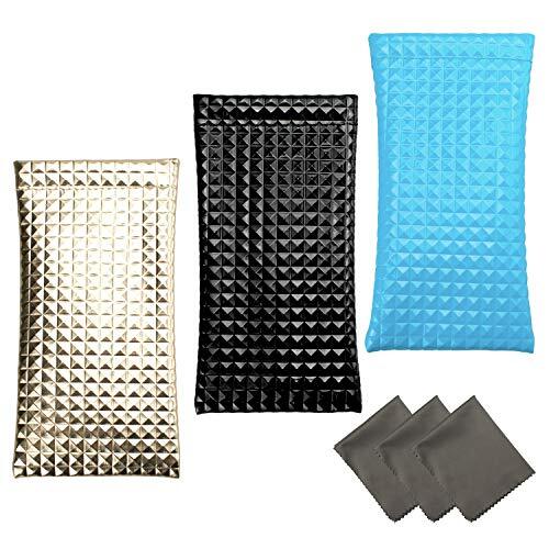 3 PACK Eyeglasses Pouch Squeeze Top Sunglasses Case with 3 Gold Black Blue