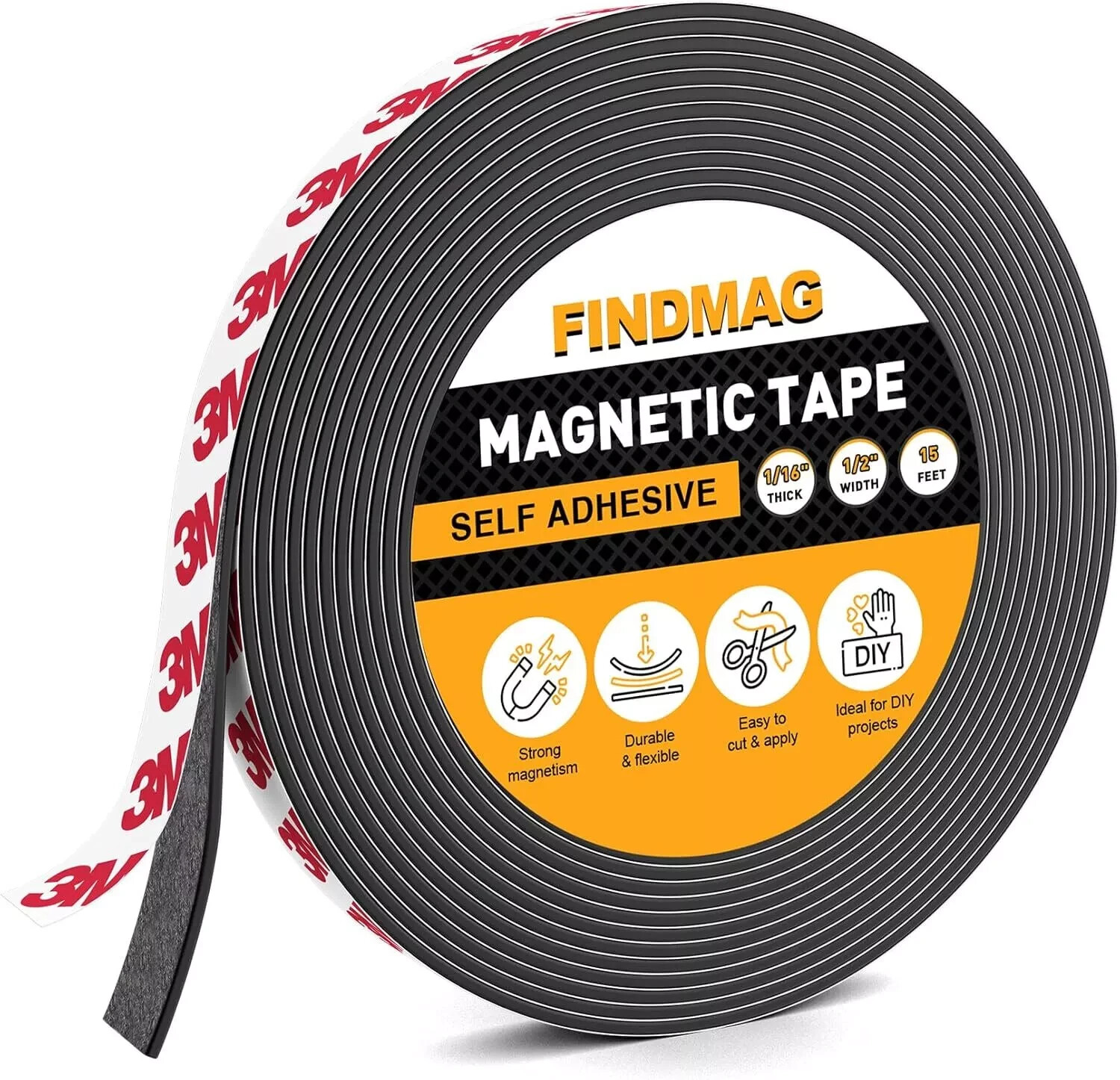 Magnetic Strip Tape 15Ft Flexible Roll Adhesive Backed Magnet Strong Sticky 1/2"