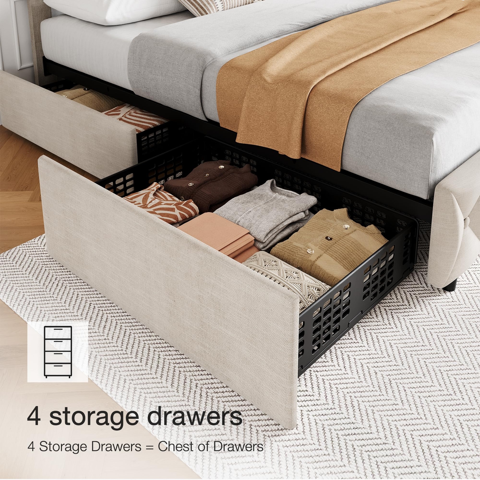 Full Size Upholstered Platform Bed Frame with 4 Drawers, Adjustable Headboard