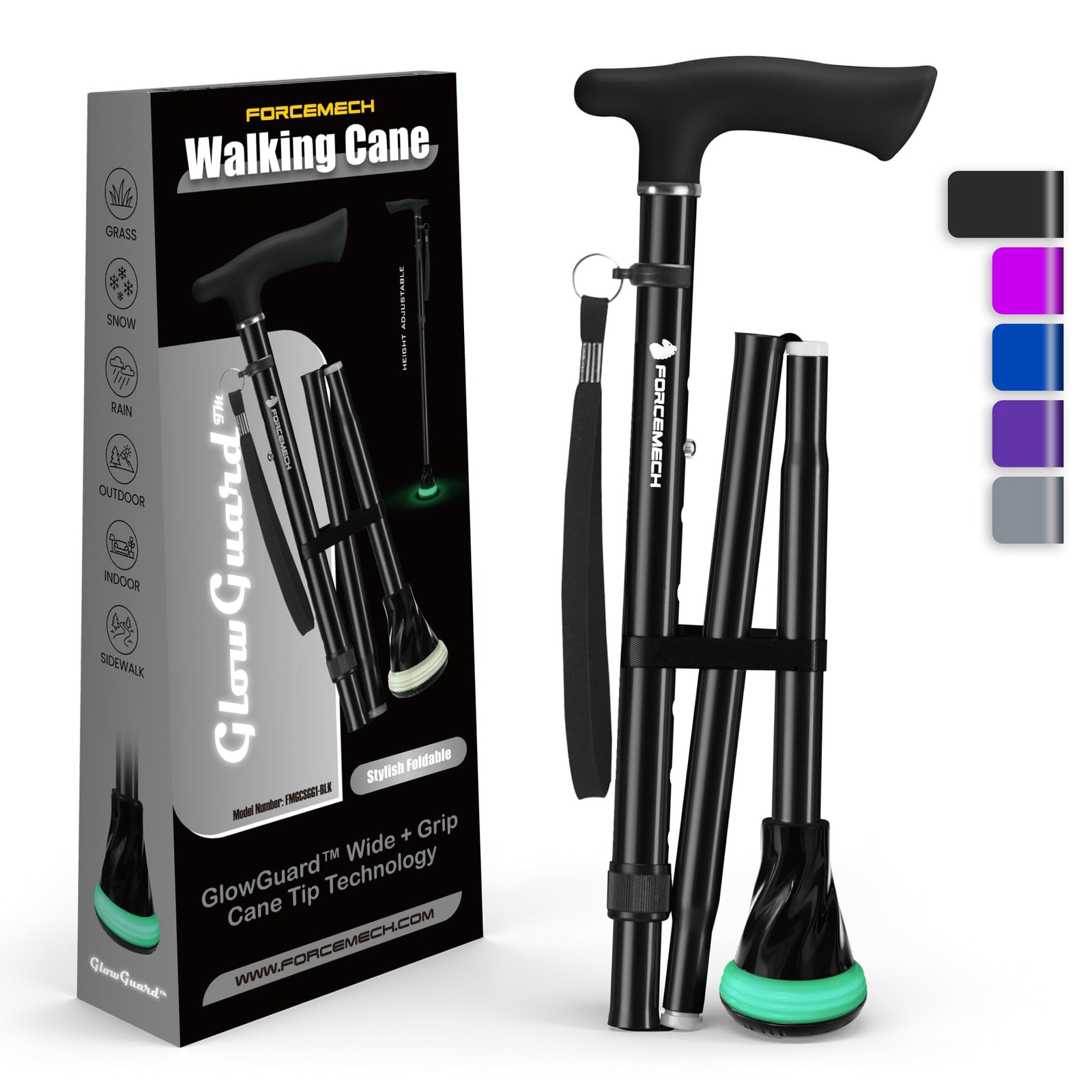 Foldable Walking Cane 350 Lbs Load Adjustable Height - Glow-in-the-Dark Tip