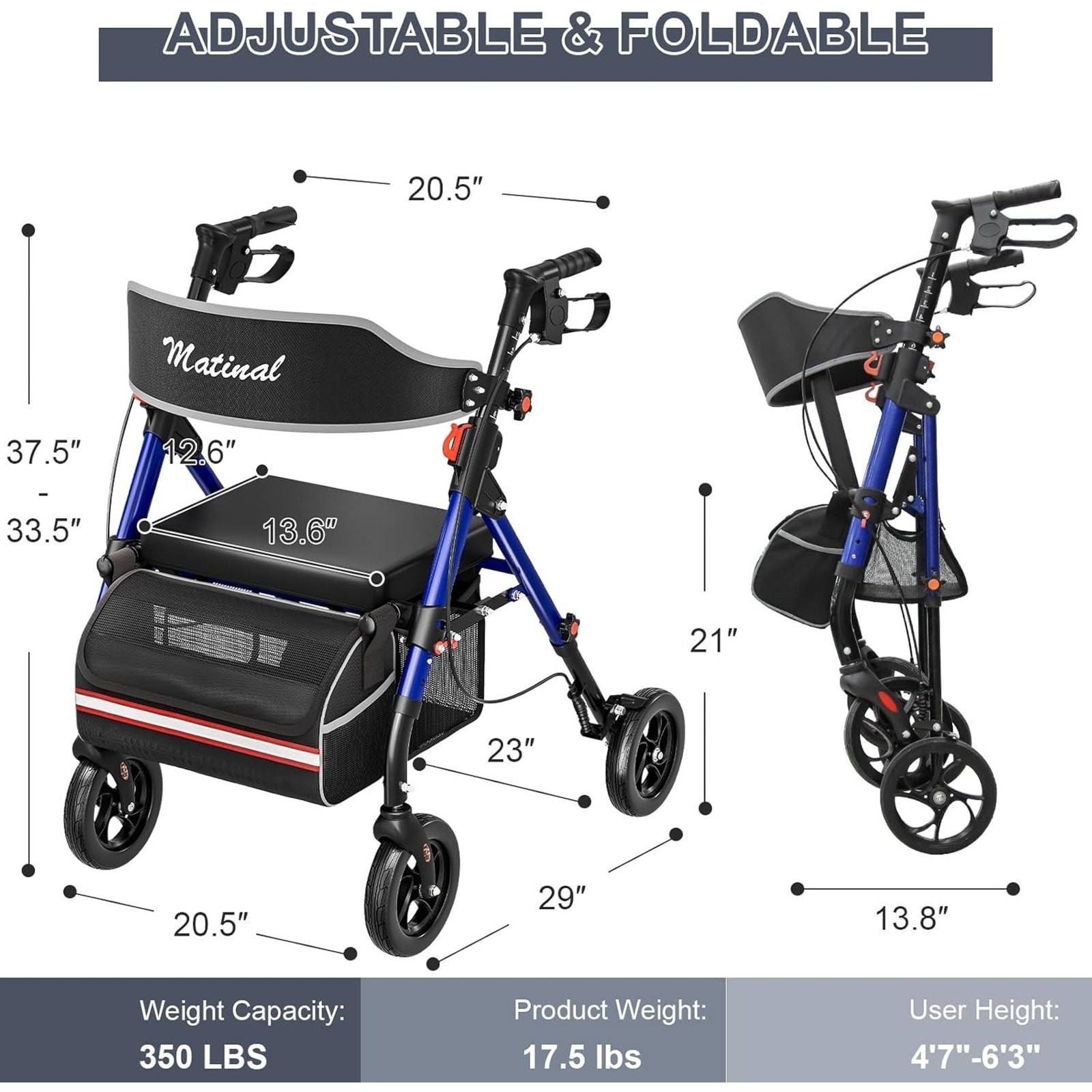 Matinal Rollator Walker Seat Adjustable Storage Bag Blue 8" Wheels