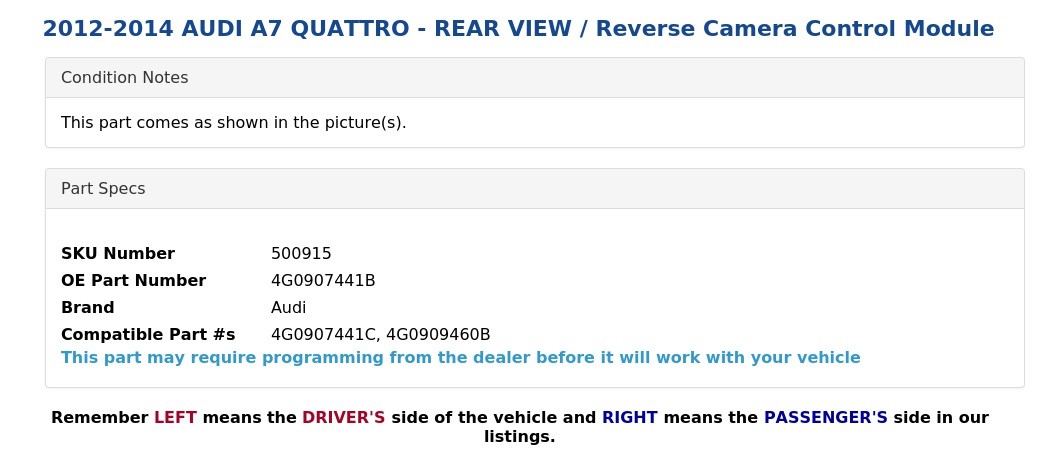 2012-2014 AUDI A7 QUATTRO - REAR VIEW / Reverse Camera Control Module