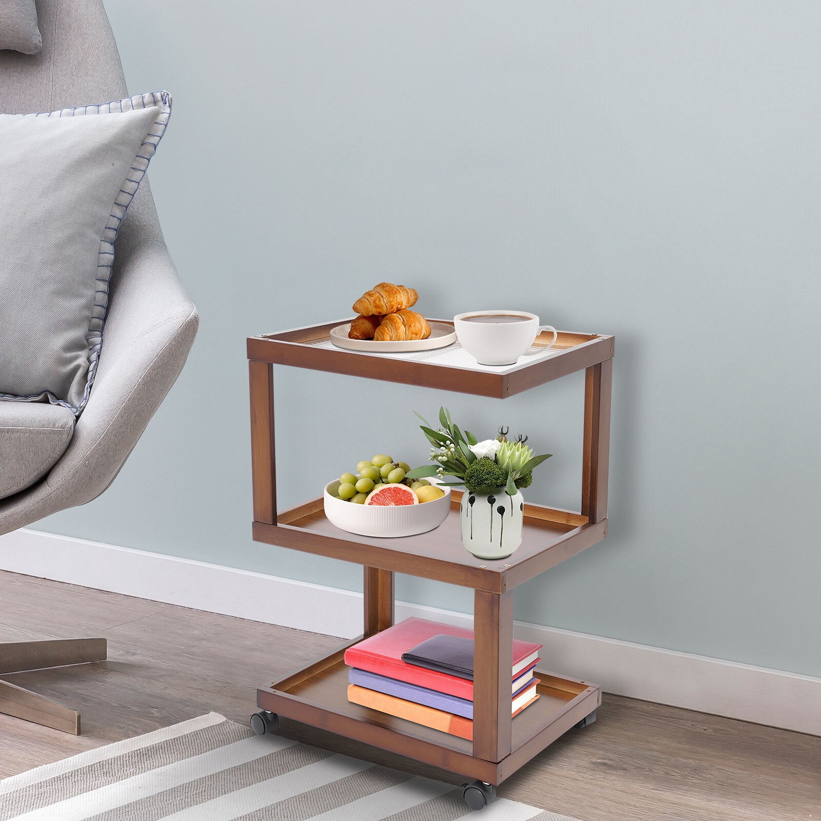 End Table 3-Tier Wood Nightstand End Table for Small Spaces with Open Storage