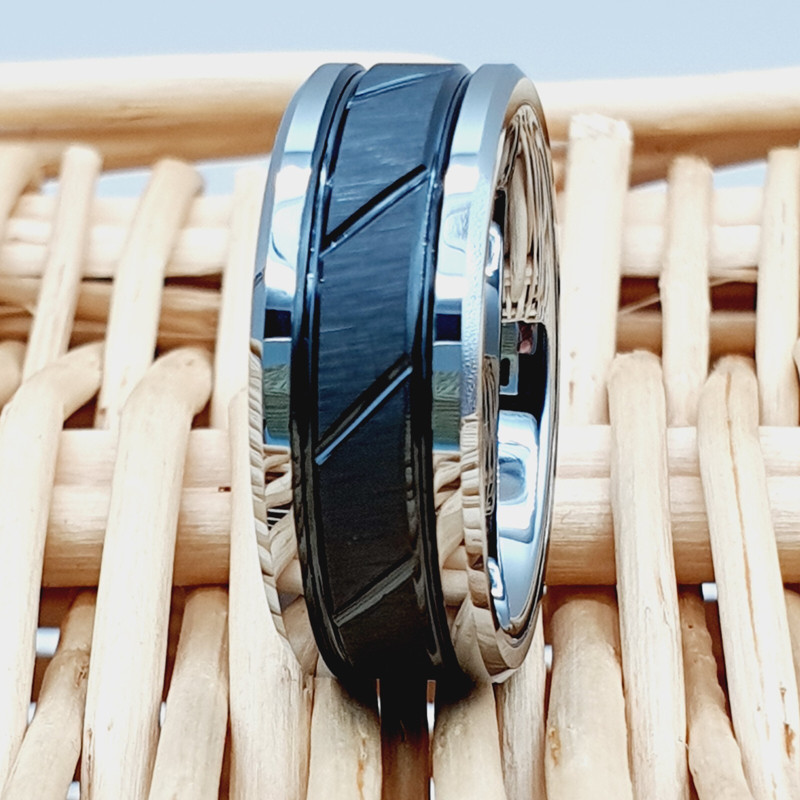 Black & Silver Grooved Tungsten Wedding Band – Men’s Unique Style Promise Ring