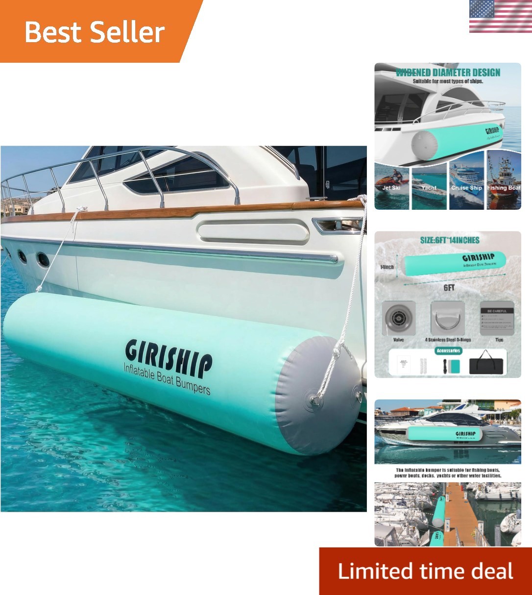 6/10FT Inflatable Boat Fenders, Heavy Duty Boat Bumpers for Docking, Dock Fen...