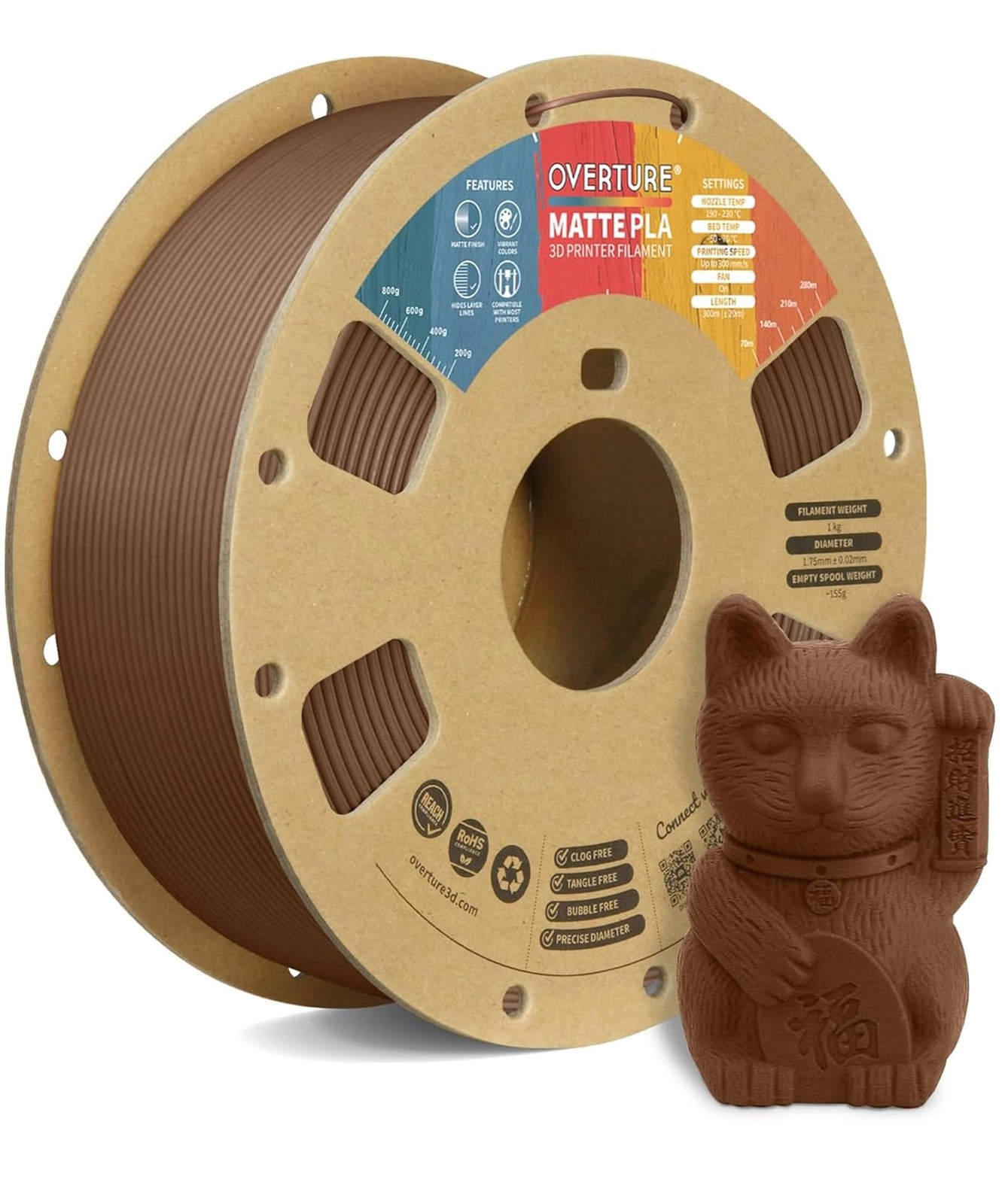 OVERTURE Matte PLA 3D Printer Filament 1.75mm, Matt 1KG, 18-matte Chocolate
