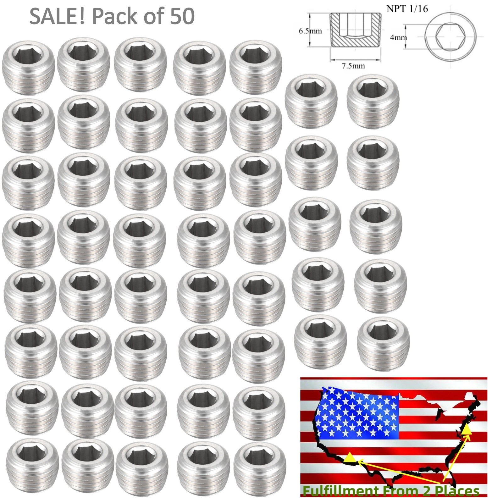 50PCS 1/16" NPT HEX Head Stainless Steel 304 Pipe Plugs , USA FAST SHIPPING!