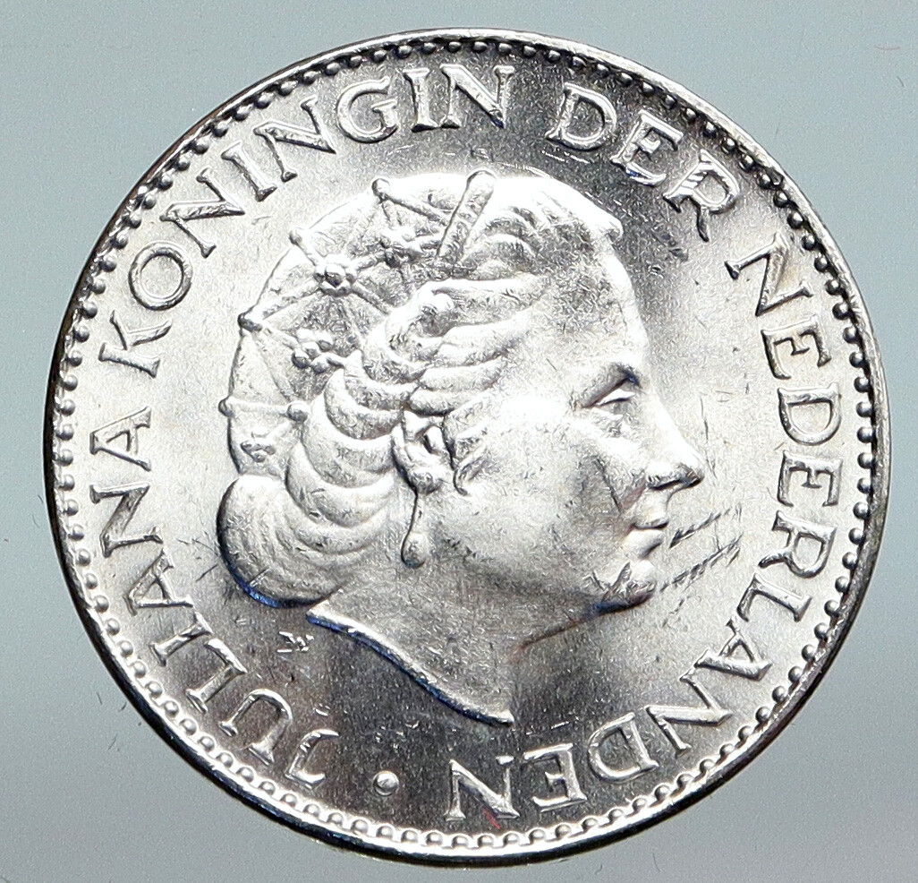 1965 NETHERLANDS Kingdom Queen JULIANA  Vintage OLD Silver 1 Gulden Coin i90292