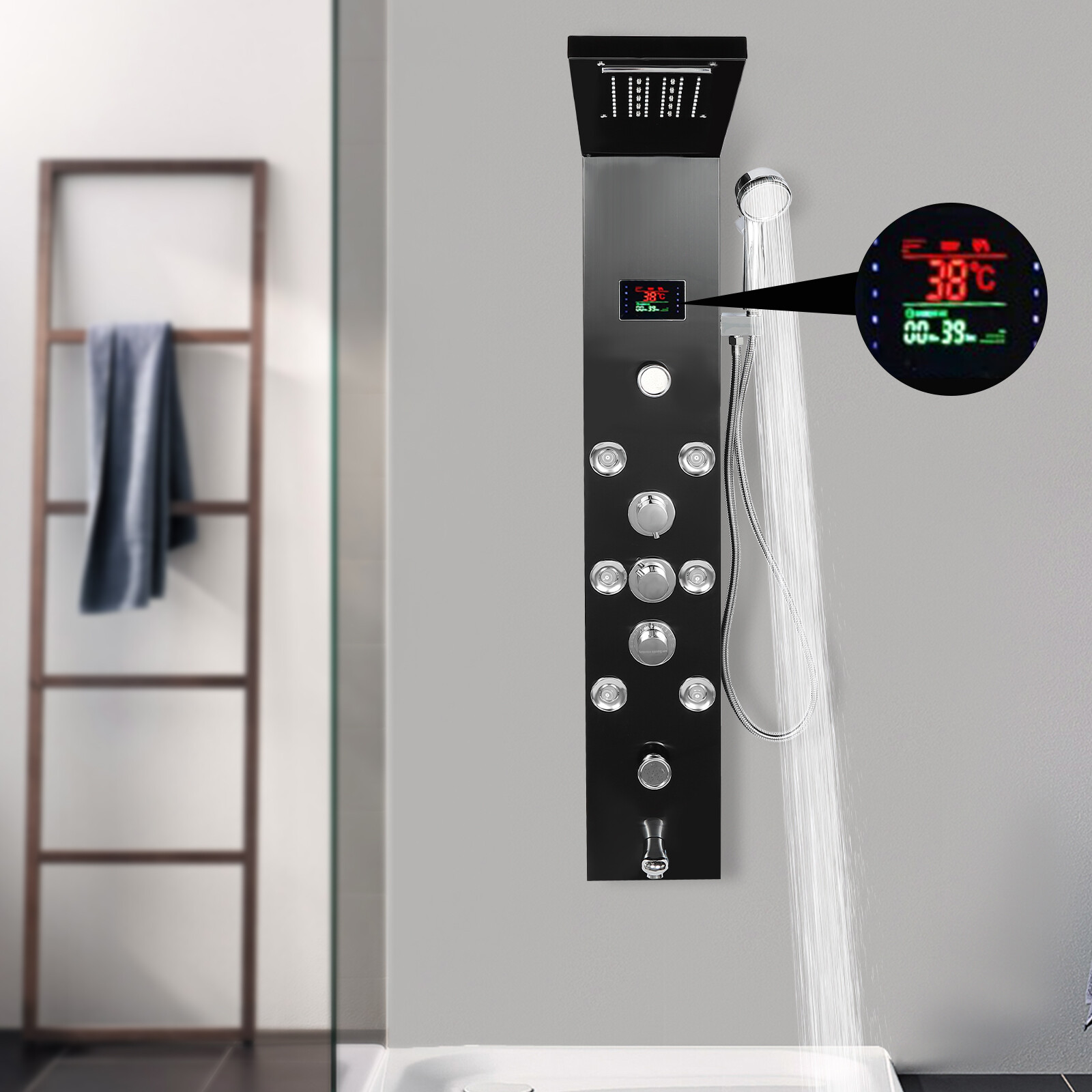 Hydroelectricity Display Rain Massage Full Body Shower System with Jets Black US