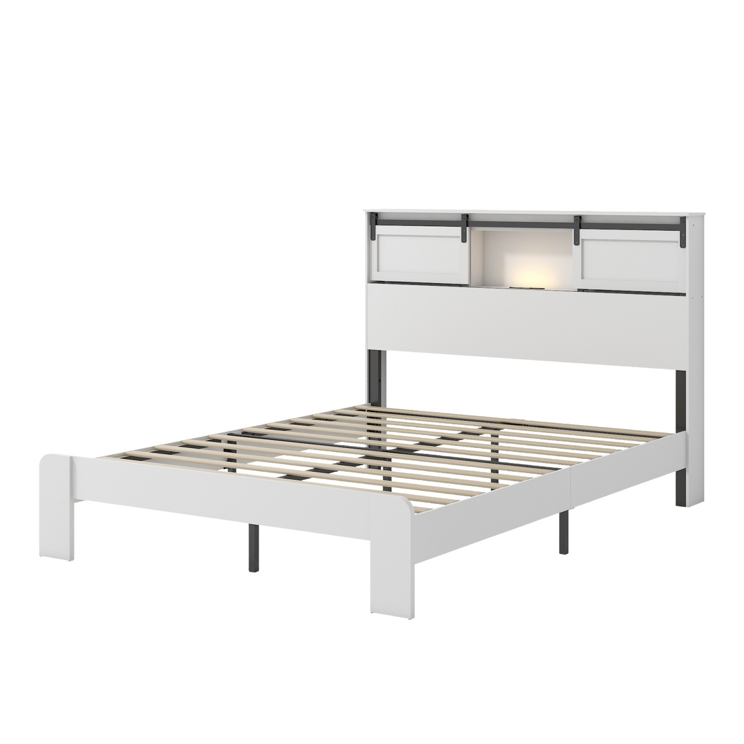 Queen King Size Platform Bed w/ Storage Headboard & LED Light & USB Ports White