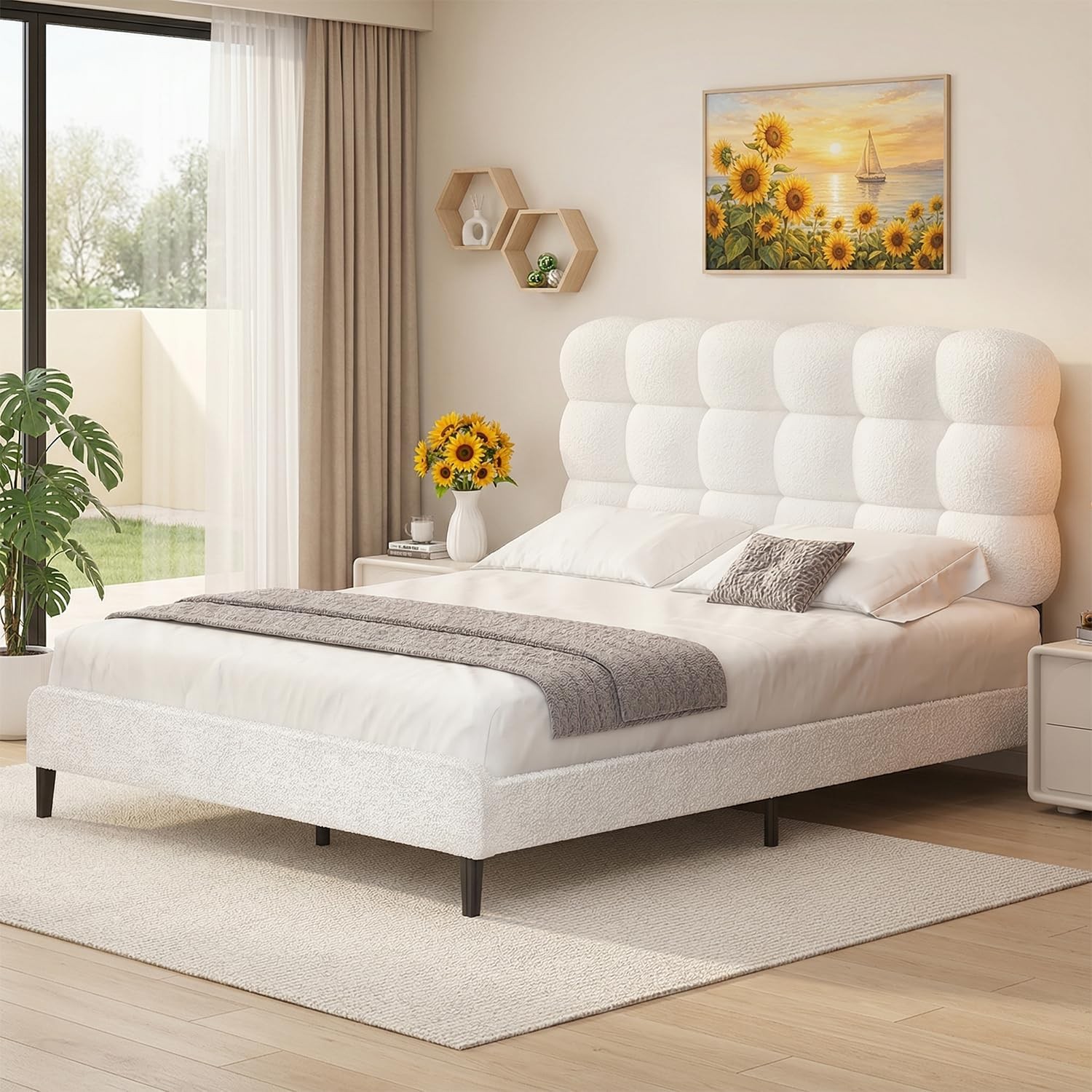 Twin Bed Frame Platform Bed with Tufted Upholstered Headboard Soft Boucle