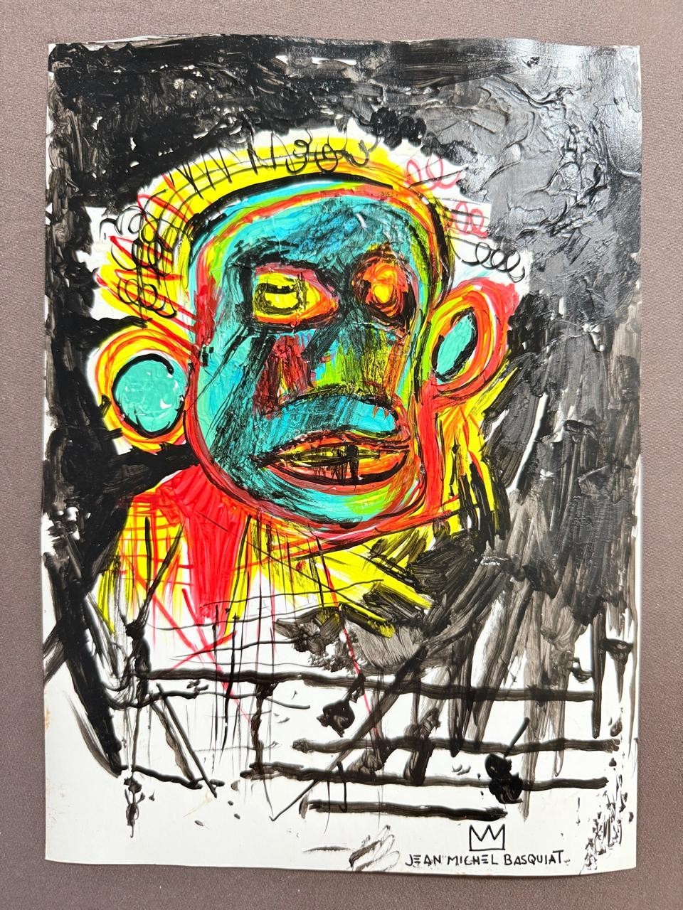 Jean-Michel Basquiat (handmade) Drawing on antique paper, signed and sealed