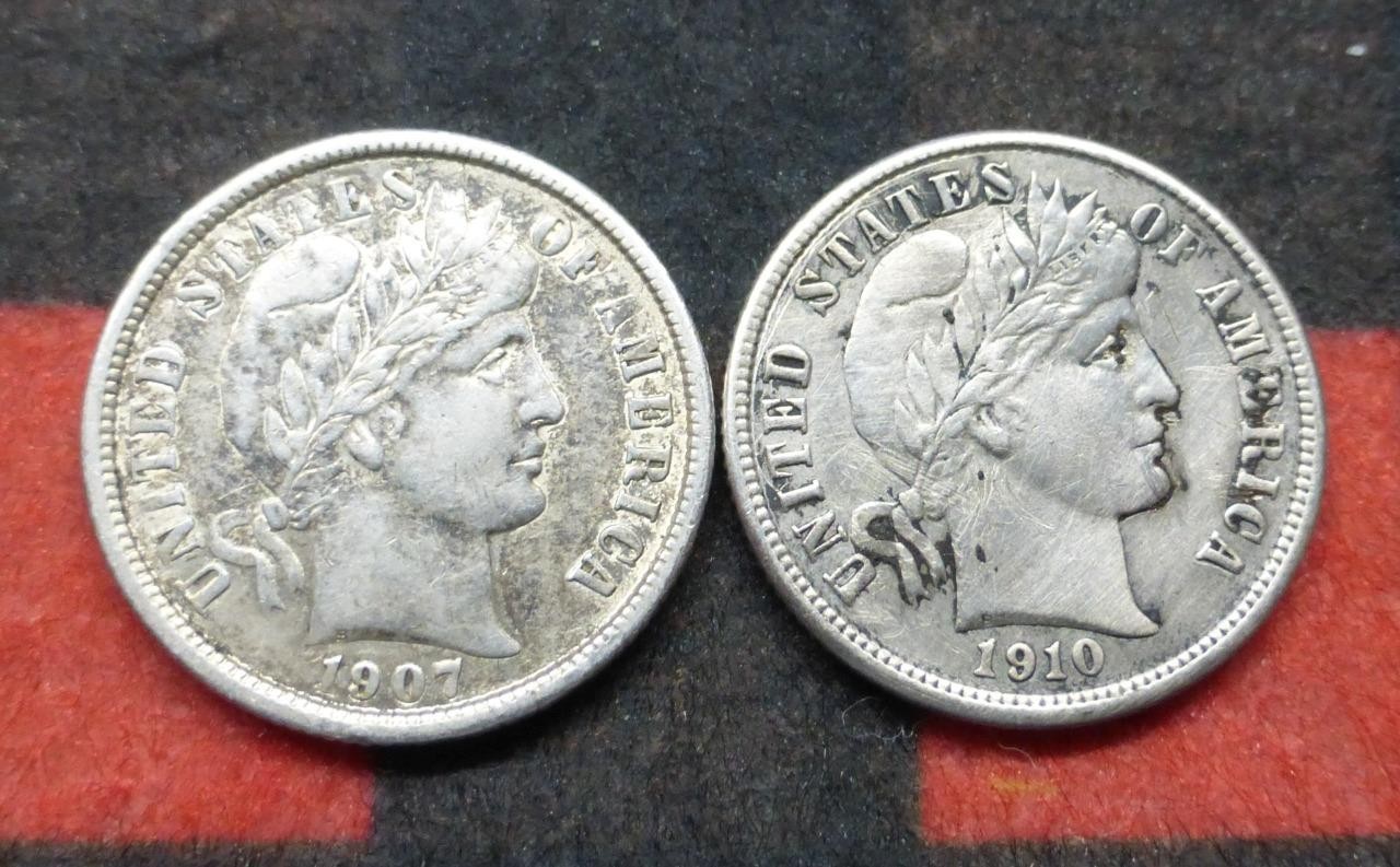 2 Barber Silver Dimes, United States of America 10C Silver Coins, 1907, 1910