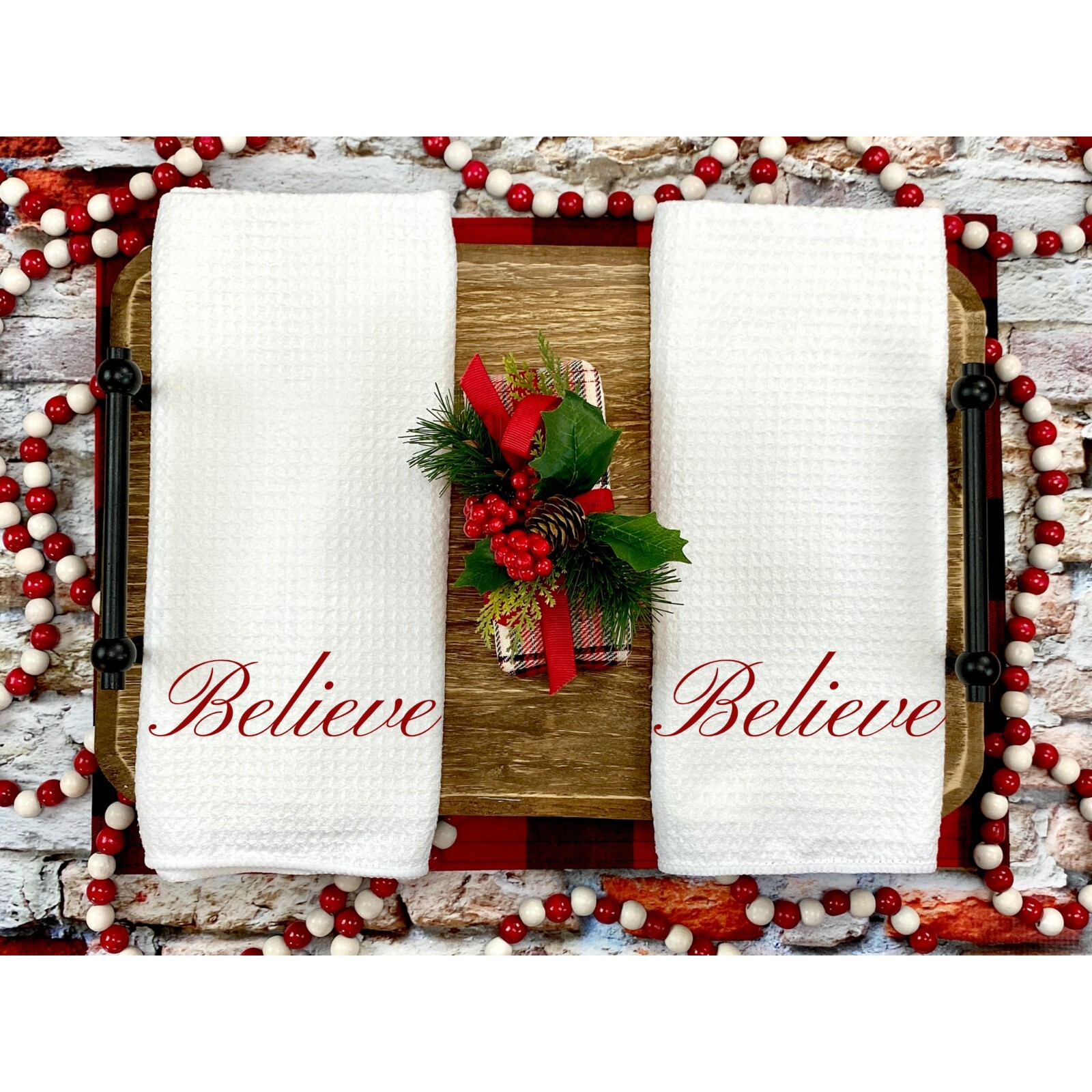 Christmas Tea Towels, Set of 2, Believe, Red, Kitchen or Bathroom, Microfiber