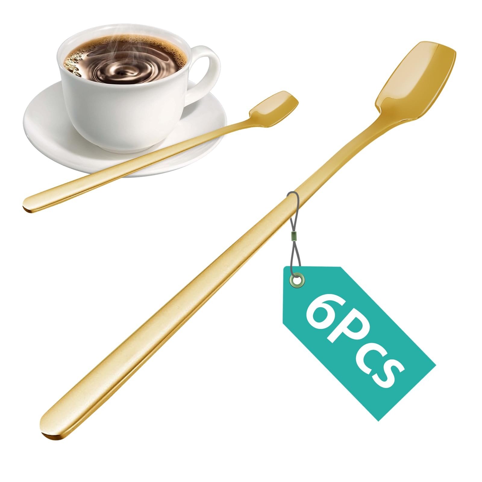 6 PCS Coffee Spoons Set, Dessert Spoon, Iced Tea Long Handle, Small M, Gold