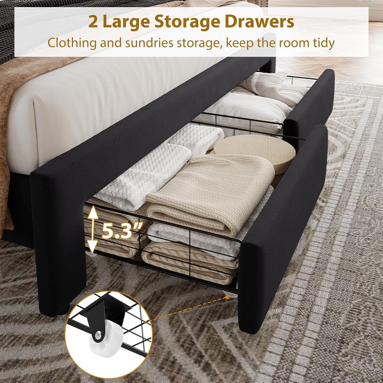 Full Size Bed Frame ,Velvet Upholstered Platform Bed Frame w/ 2 Storage Drawer