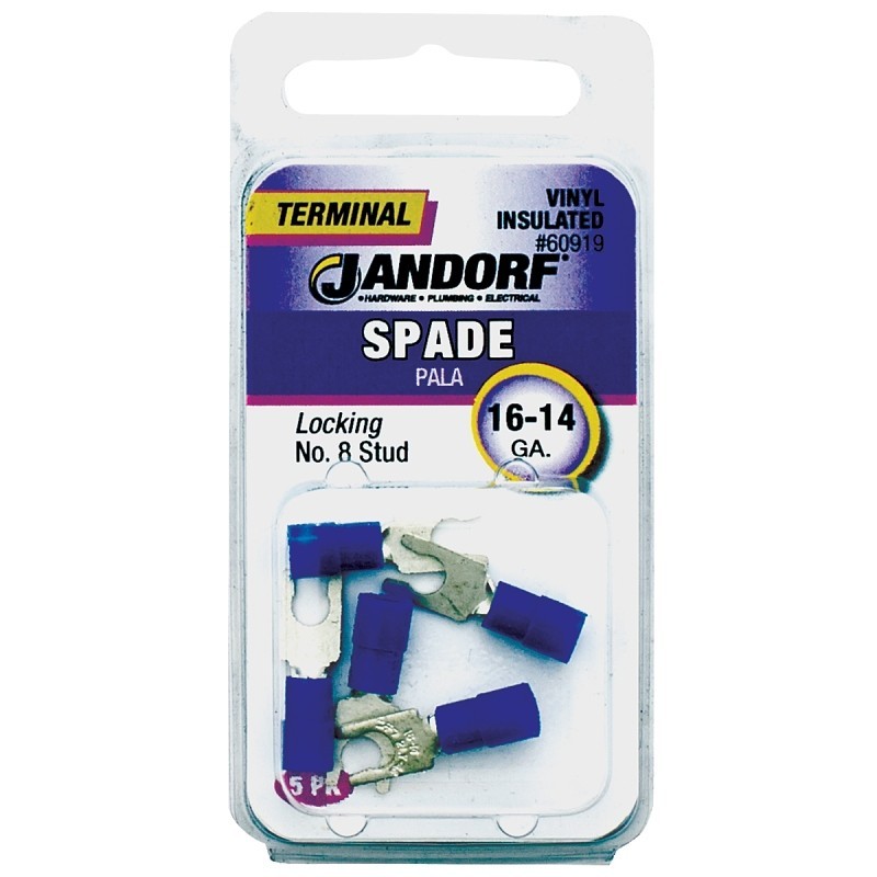 Jandorf 60919 Spade Terminal, 600 V, 16 to 14 AWG Wire, #8 Stud, Vinyl Insulatio