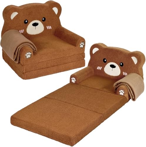Kids Couch, 2-in-1 Soft Toddler Couch Fold Out with Blanket, Chair Comfy, Bear