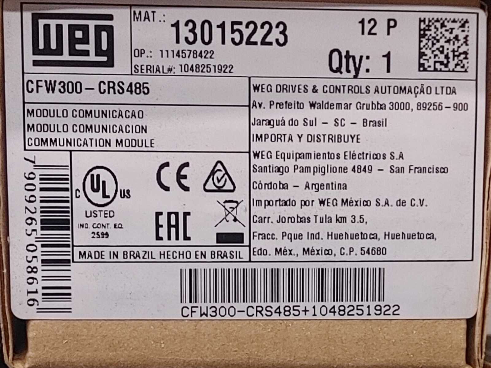 WEG COMMUNICATION MODULE CFW300-CRS485 - 13015223 - NEW