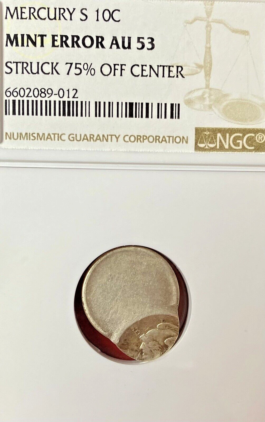 SF MERCURY DIME STRUCK 75% OFF CENTER NGC-53 MINT ERROR!