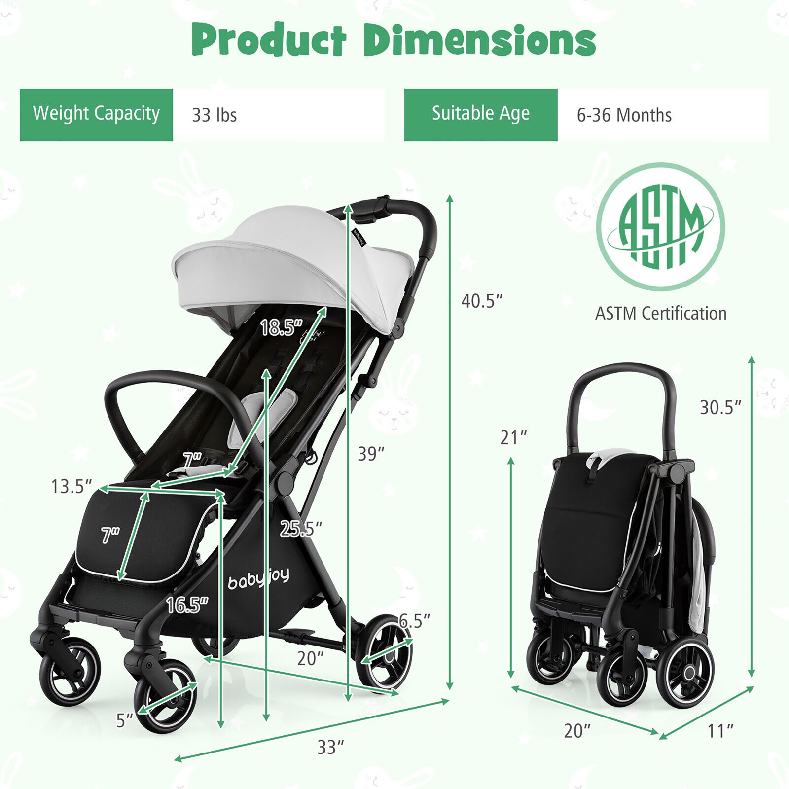 Portable Baby Stroller One-Hand Fold Pushchair W/ Aluminum Frame Grey