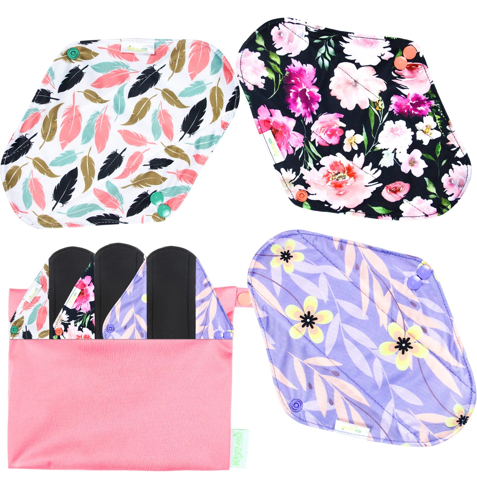 6 Pack Reusable Menstrual Pads Medium Flower Cloth Panty Liners with Bag