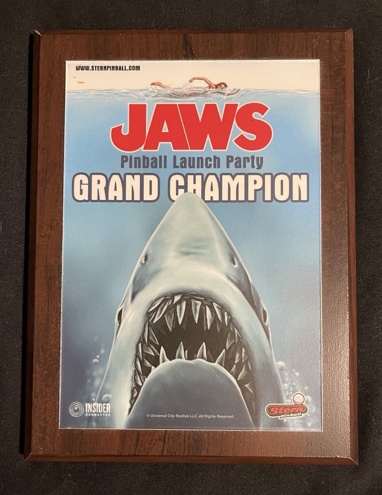 Stern Pinball Launch Party Jaws Pinball Grand Champion Plaque Rare