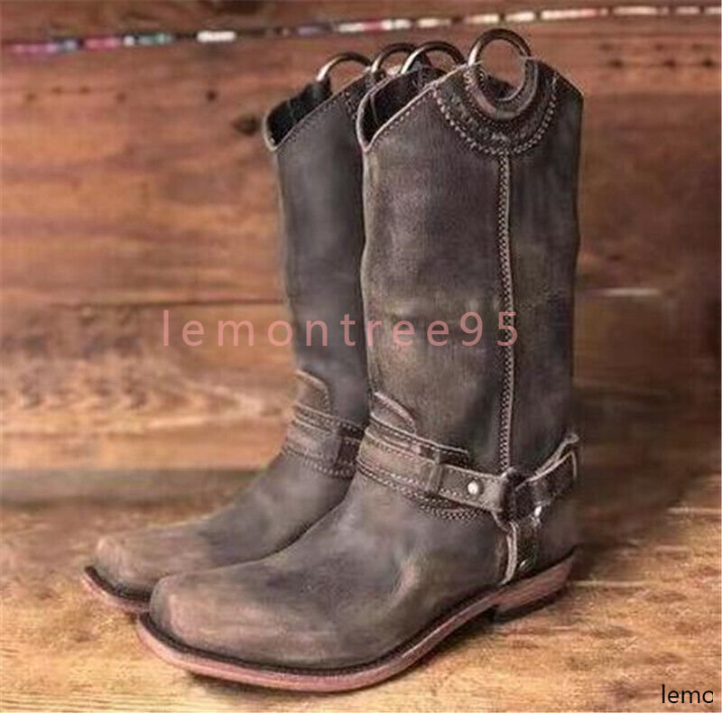 Men's Ankle Boots Leather Motor Cowboy Western Square Toe Zipper Shoes Boot