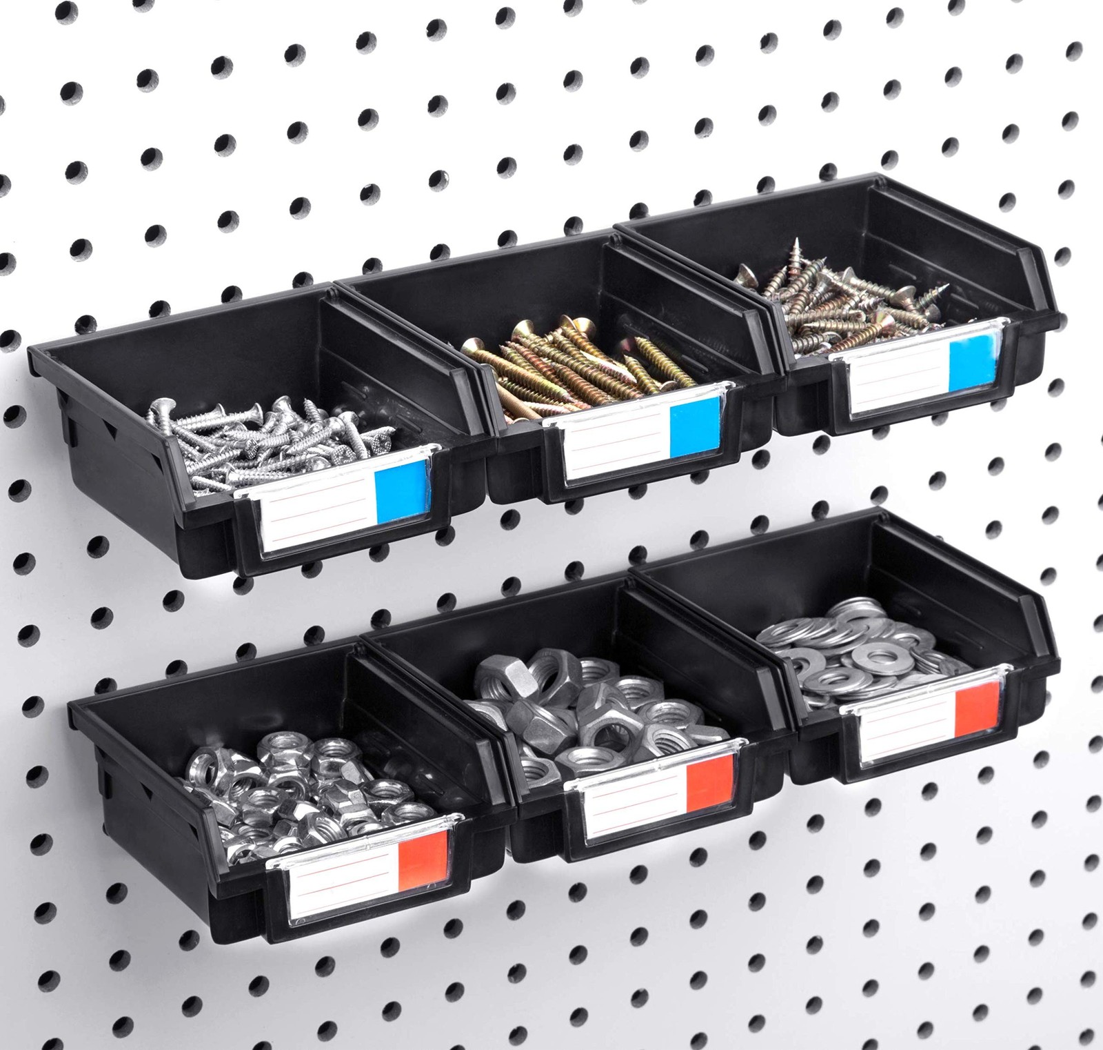 Pegboard Bins - 6 Pack Black - Hooks to Any Peg Board - Organize Hardware, Ac...