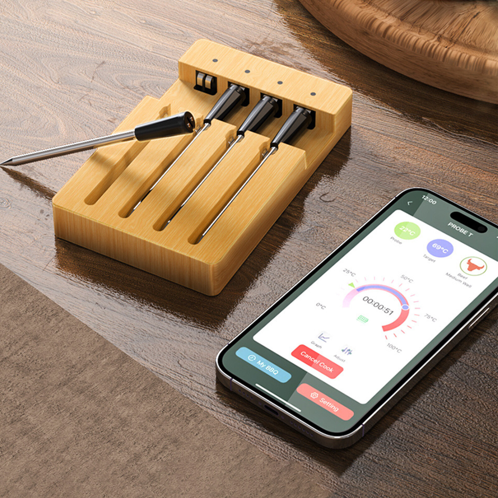 Wireless 4 Probe Digital Bluetooth Smart Meat Thermometer For Oven Grill BBQ