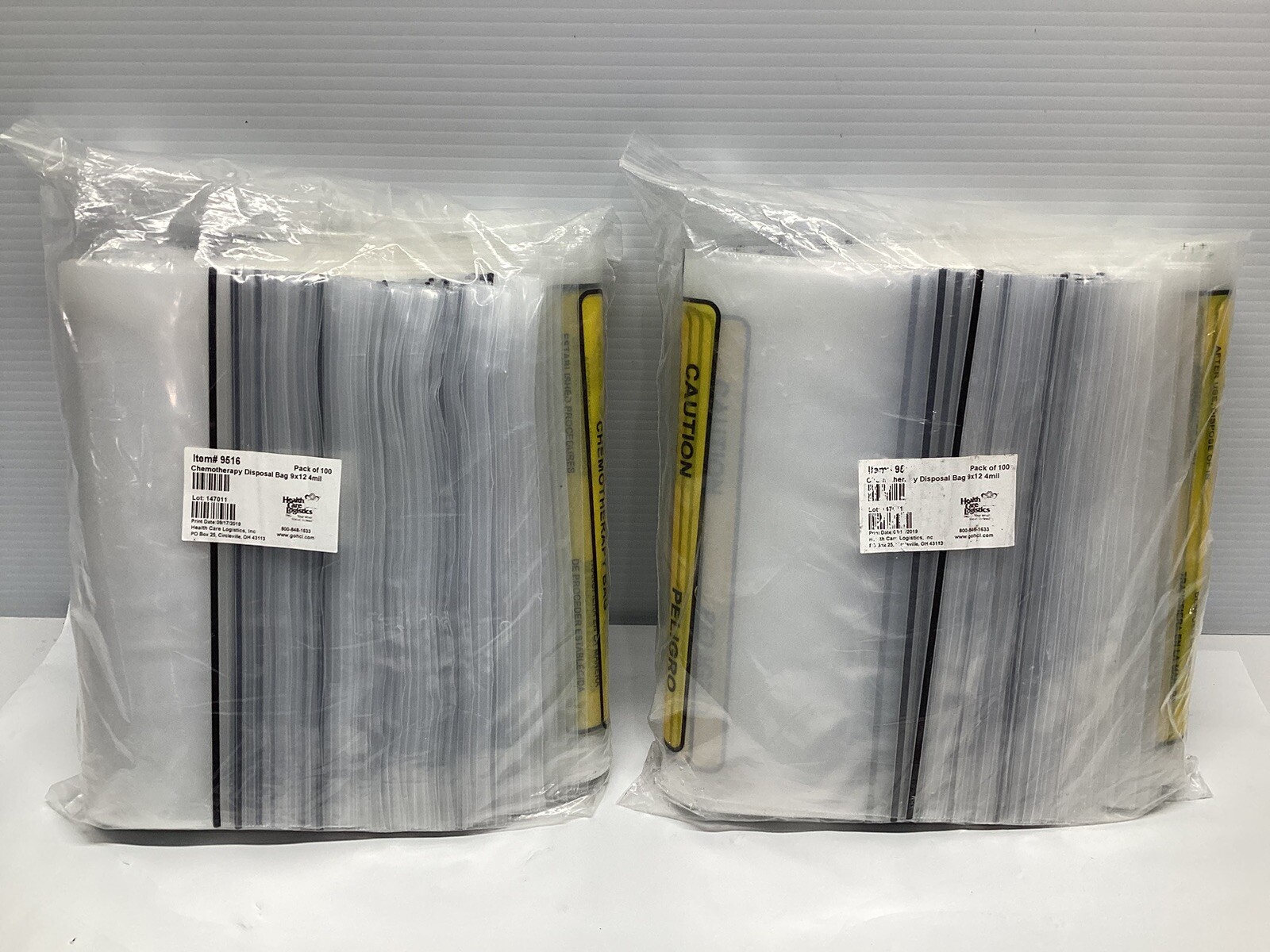 Lot of 2 100 pcs Health Care Logistics Chemotherapy 9" x 12" Disposal Bags 9516