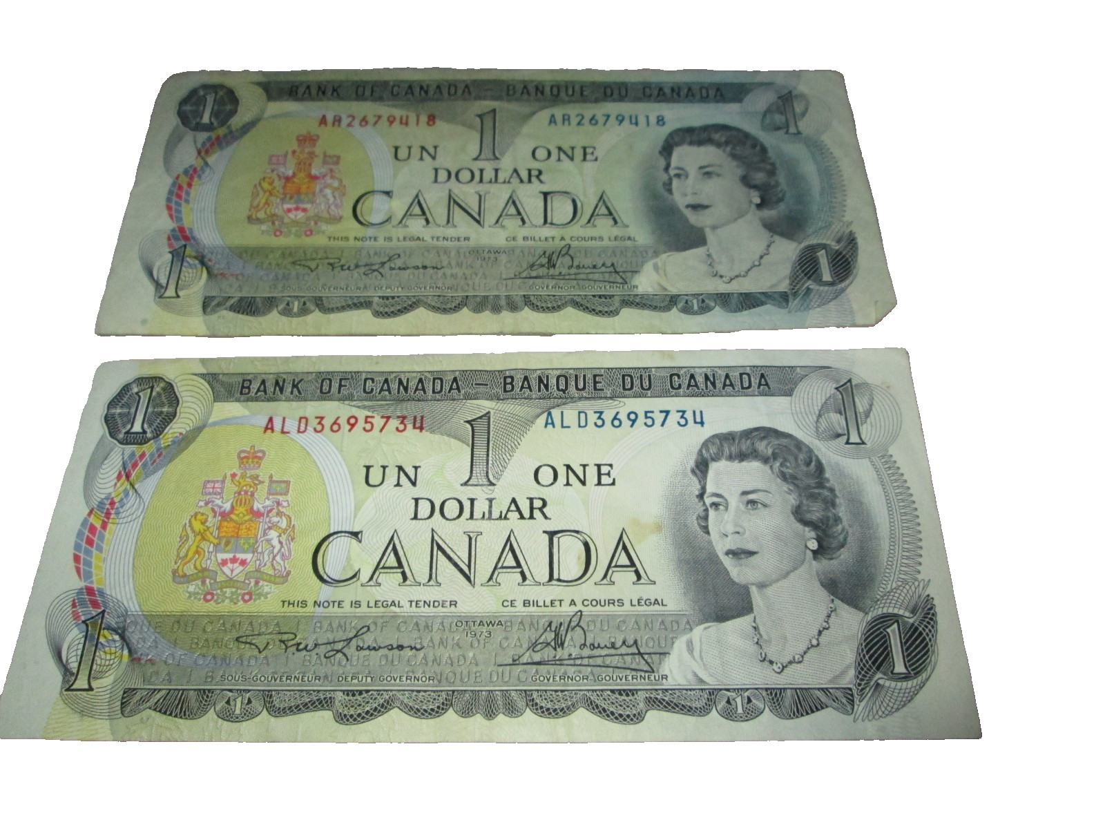 Canada One Dollar Bills Lot of 2 Bank of Canada 1973