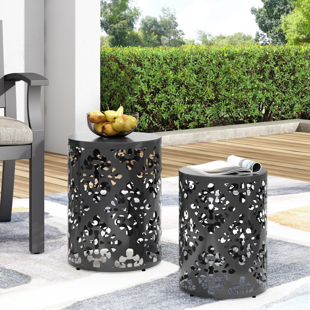 Modern Outdoor Side Table Set of 2, Navy Blue, Powder Coated Iron, No Cushions