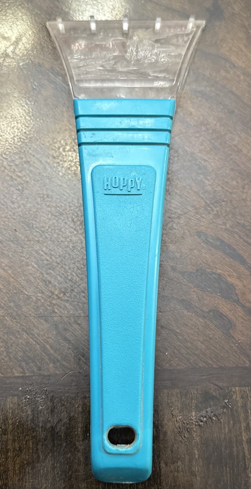 Vintage Hoppy Windshield Ice Scraper Teal Handle Engraved Farm Town In Snow