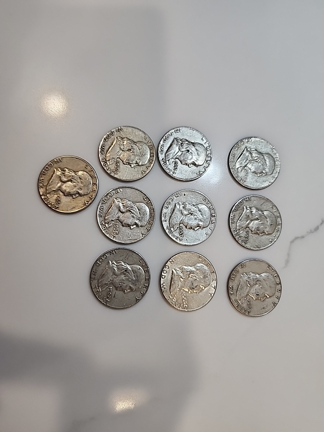 Lot 10 Franklin Half Dollars 1948-1963 90% Silver