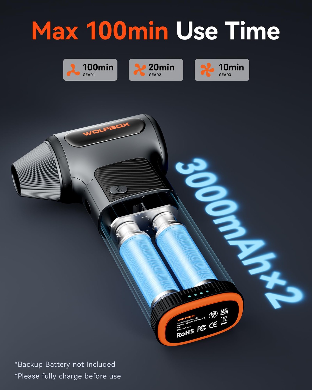 WOLFBOX MF200 Compressed Air Duster with Removable Battery 4 Nozzles, Cordl...