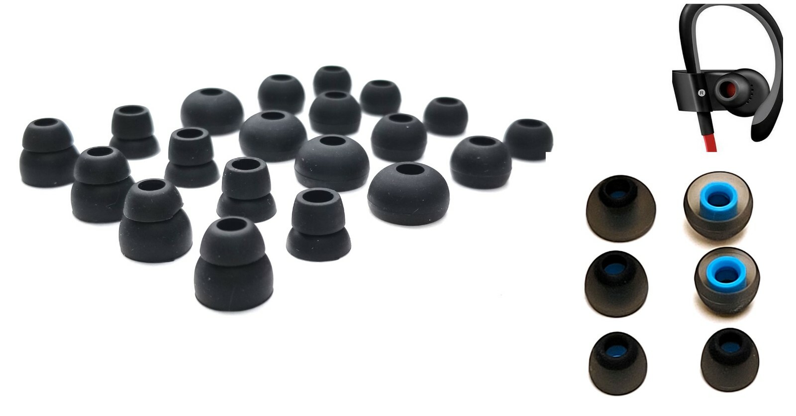 26pcs multi-Sizes/Color Soft "BLACK + BL/GY" Earbuds for BEATS Powerbeats3, 2, 1