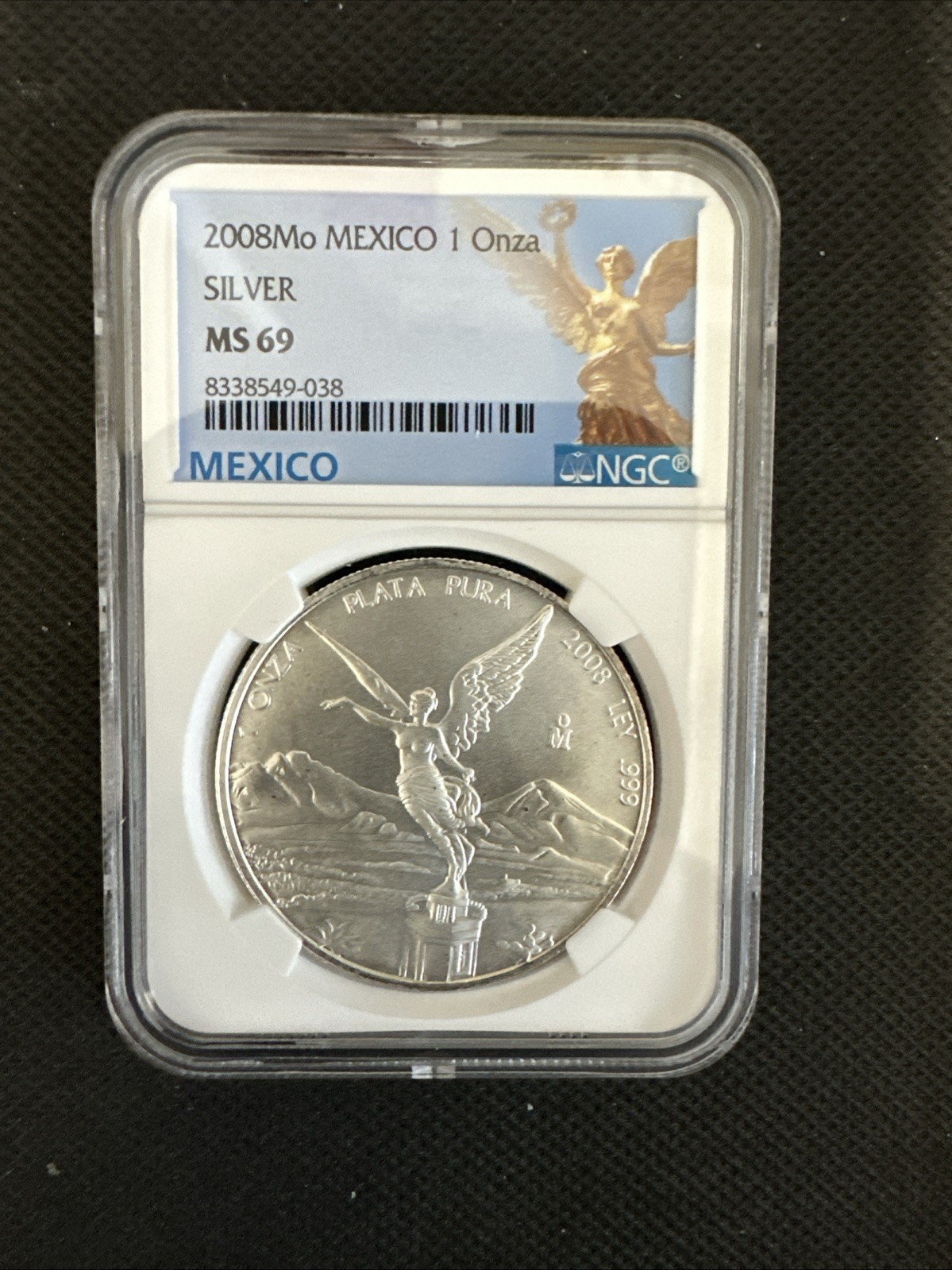 2008Mo-1 oz MS69 Libertad BU .999 Silver Coin NGC-Mexico Angel Label Onza🇲🇽