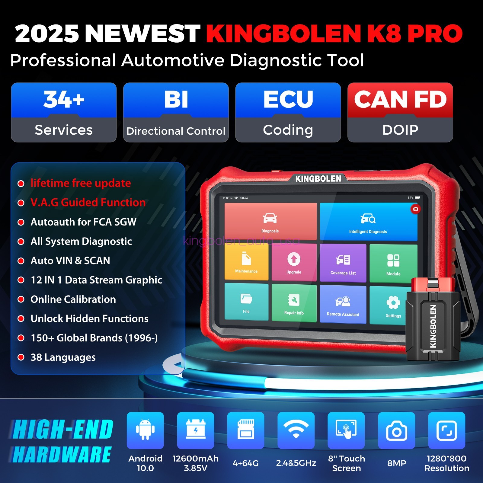 KINGBOLEN K8 PRO Car Diagnostic Tool All System Bidirectional Scanner ECU Coding